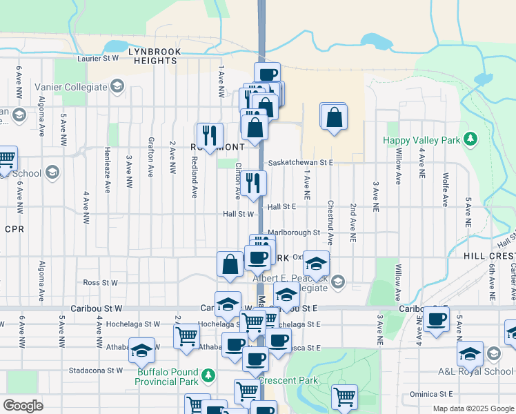 map of restaurants, bars, coffee shops, grocery stores, and more near 1106 Main Street North in Moose Jaw