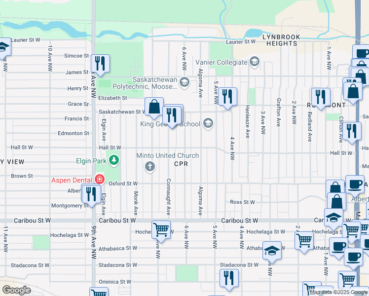 map of restaurants, bars, coffee shops, grocery stores, and more near 1100 6 Avenue Northwest in Moose Jaw