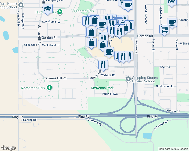 map of restaurants, bars, coffee shops, grocery stores, and more near 6 James Hill Road in Richardson