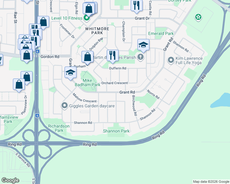 map of restaurants, bars, coffee shops, grocery stores, and more near in Regina