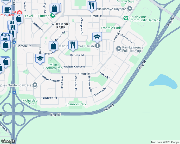 map of restaurants, bars, coffee shops, grocery stores, and more near 2916 Grant Road in Regina