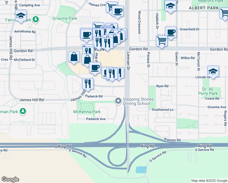 map of restaurants, bars, coffee shops, grocery stores, and more near 4850 Harbour Landing Drive in Regina