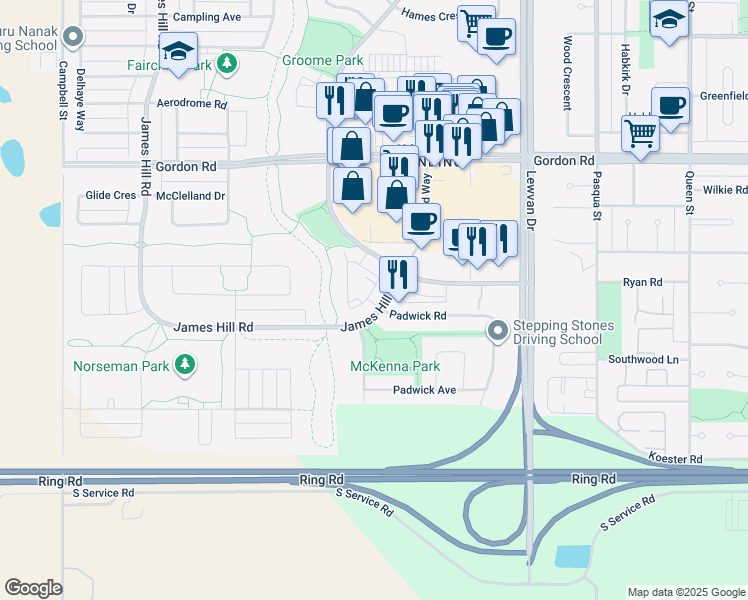 map of restaurants, bars, coffee shops, grocery stores, and more near 6 James Hill Road in Richardson
