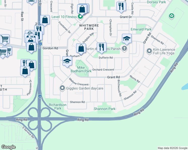 map of restaurants, bars, coffee shops, grocery stores, and more near 2 Orchard Drive in Regina