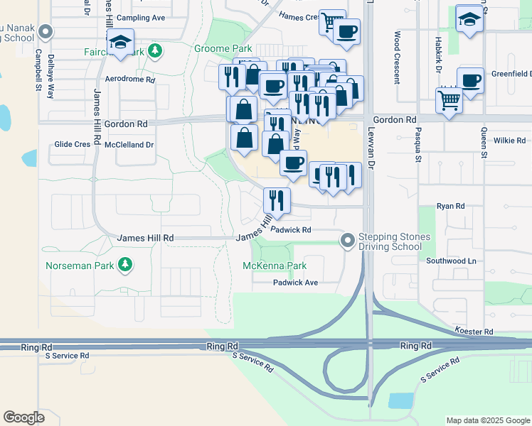 map of restaurants, bars, coffee shops, grocery stores, and more near 6 James Hill Road in Richardson