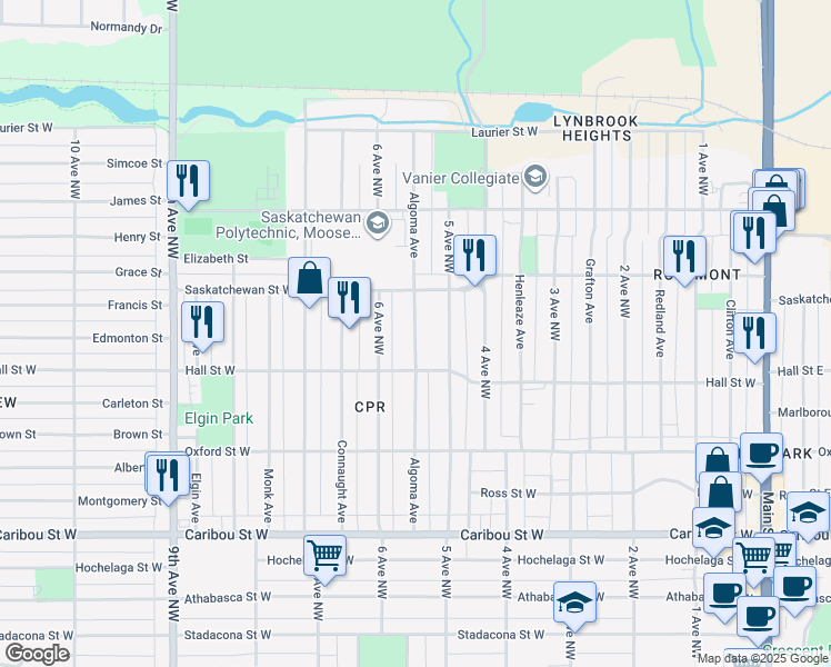 map of restaurants, bars, coffee shops, grocery stores, and more near Algoma Avenue in Moose Jaw