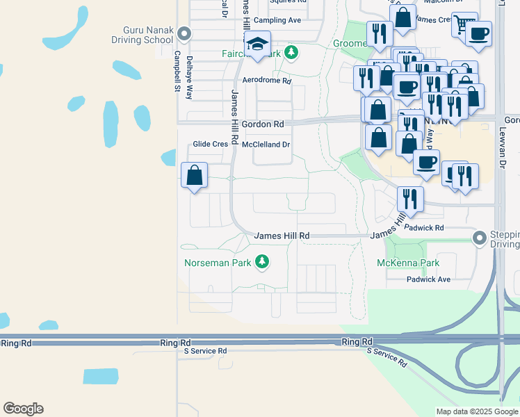 map of restaurants, bars, coffee shops, grocery stores, and more near 5057 Aerial Crescent in Regina
