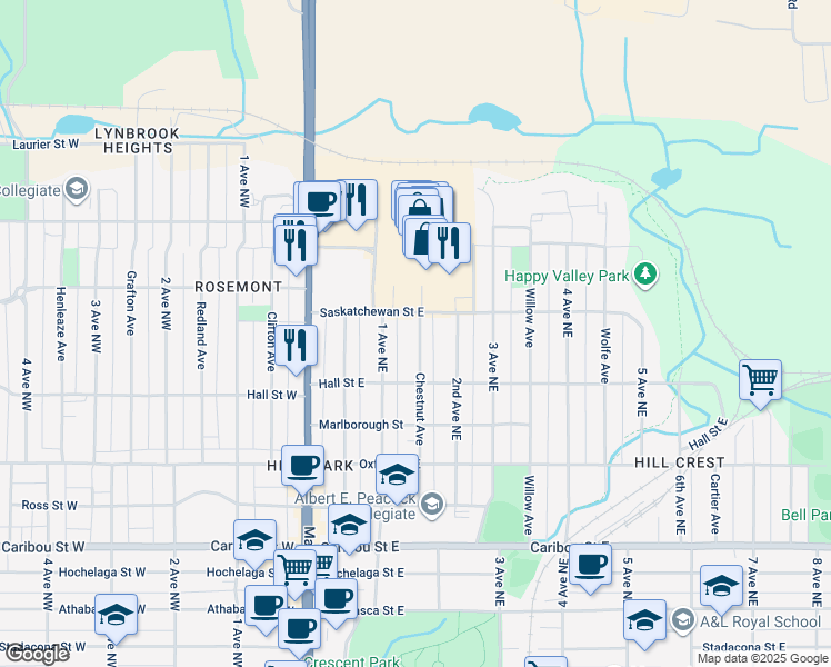 map of restaurants, bars, coffee shops, grocery stores, and more near 1170 Chestnut Avenue in Moose Jaw
