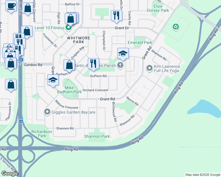 map of restaurants, bars, coffee shops, grocery stores, and more near 12 Chinook Road in Regina