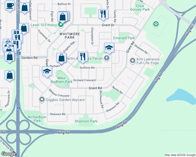 map of restaurants, bars, coffee shops, grocery stores, and more near 12 Chinook Road in Regina