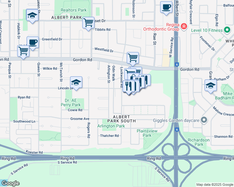 map of restaurants, bars, coffee shops, grocery stores, and more near 2 Lincoln Drive in Regina