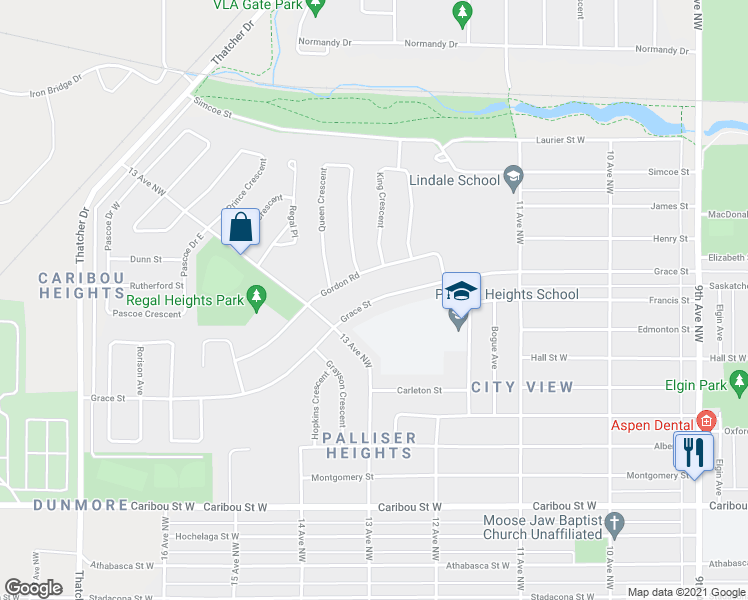map of restaurants, bars, coffee shops, grocery stores, and more near Grace Street in Moose Jaw