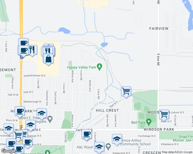 map of restaurants, bars, coffee shops, grocery stores, and more near 808 Saskatchewan Street East in Moose Jaw