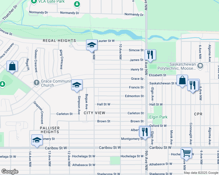 map of restaurants, bars, coffee shops, grocery stores, and more near Francis Street in Moose Jaw