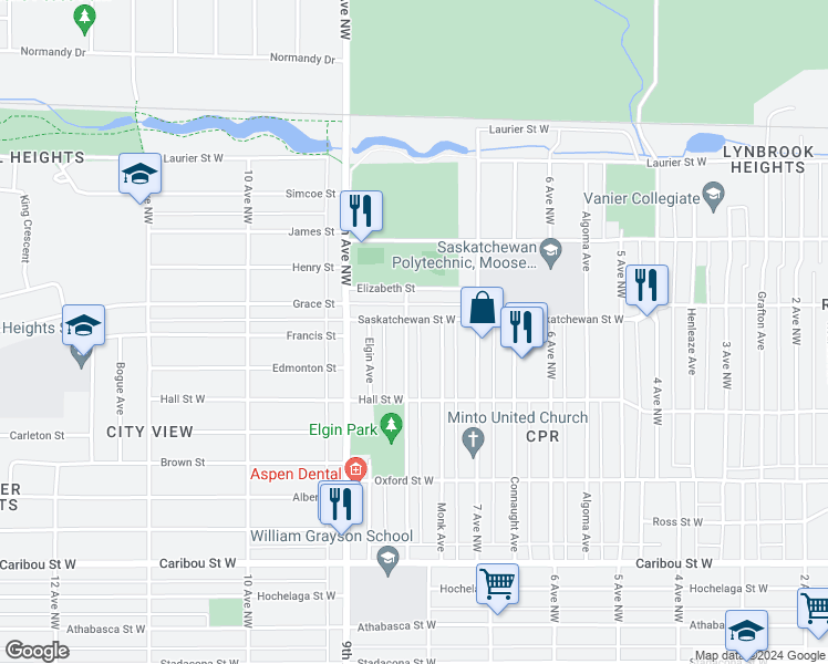 map of restaurants, bars, coffee shops, grocery stores, and more near 1145 8 Avenue Northwest in Moose Jaw
