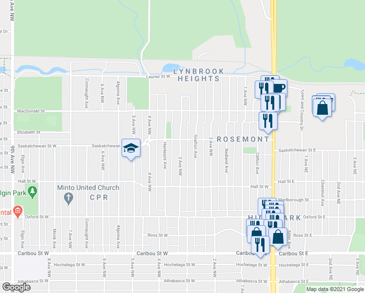 map of restaurants, bars, coffee shops, grocery stores, and more near 1163 3 Avenue Northwest in Moose Jaw