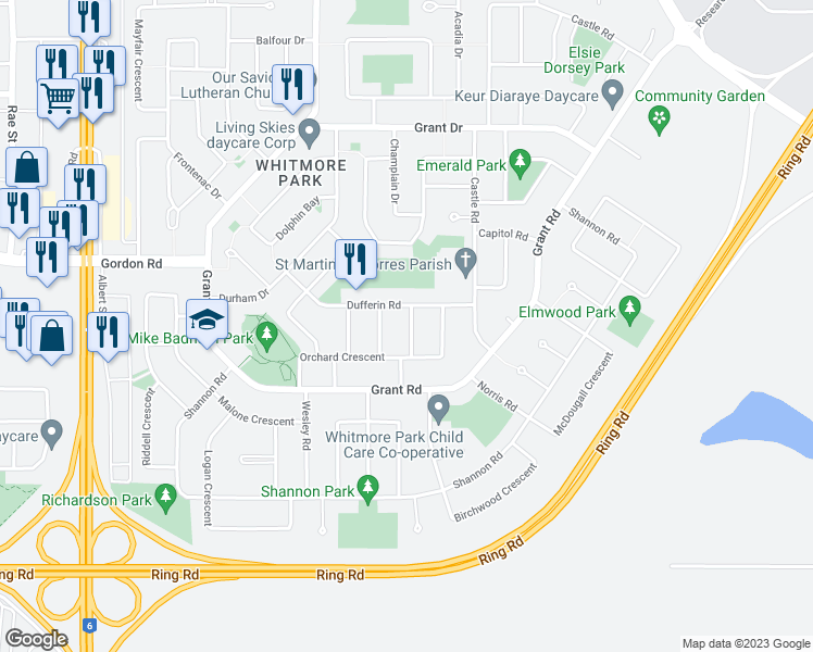 map of restaurants, bars, coffee shops, grocery stores, and more near 12 Chinook Road in Regina