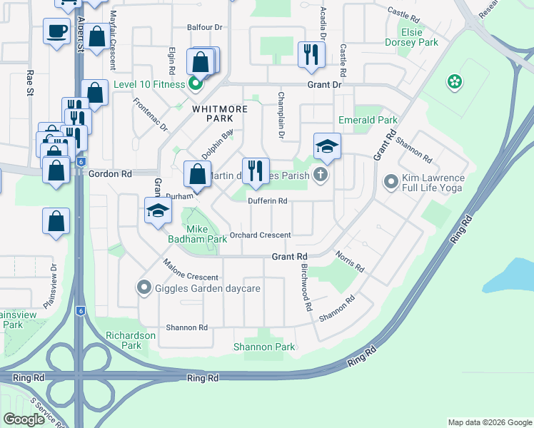 map of restaurants, bars, coffee shops, grocery stores, and more near in Regina