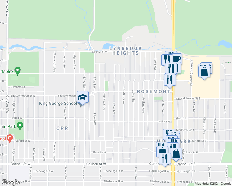 map of restaurants, bars, coffee shops, grocery stores, and more near 1171 3 Avenue Northwest in Moose Jaw