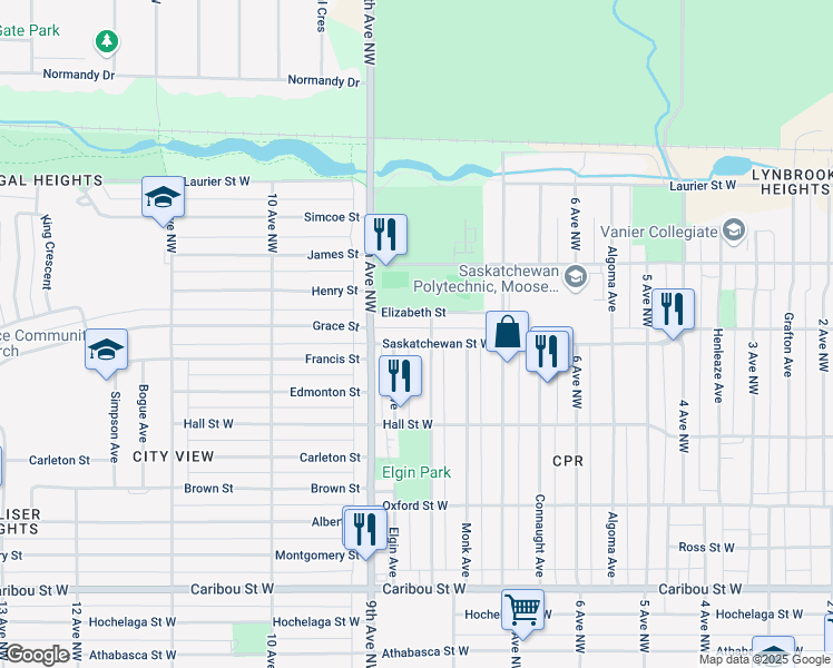 map of restaurants, bars, coffee shops, grocery stores, and more near 808 Saskatchewan Street West in Moose Jaw