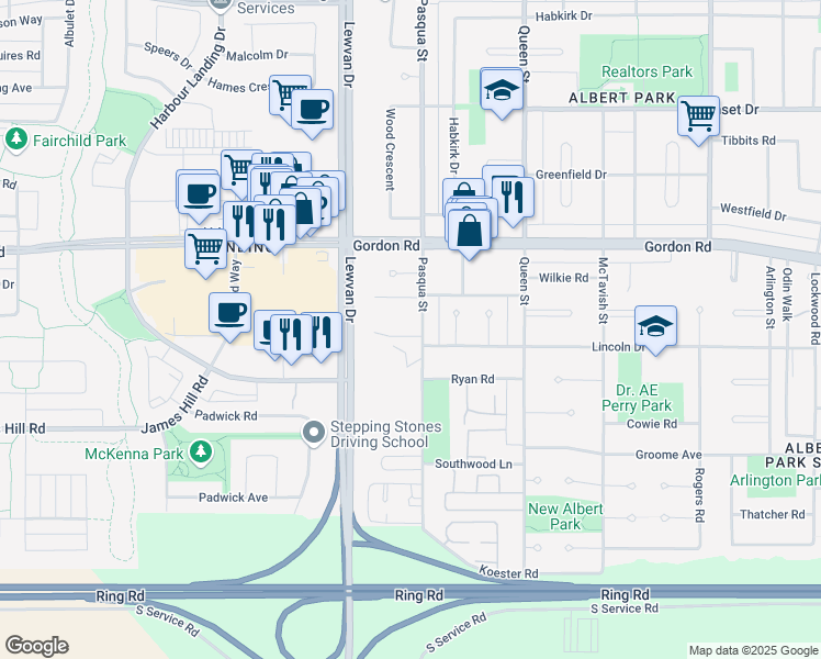 map of restaurants, bars, coffee shops, grocery stores, and more near 4760 Lewvan Estates in Regina