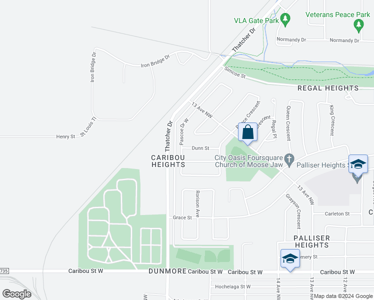 map of restaurants, bars, coffee shops, grocery stores, and more near 1643 Dunn Street in Moose Jaw