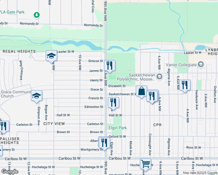 map of restaurants, bars, coffee shops, grocery stores, and more near 857 Elizabeth Street in Moose Jaw