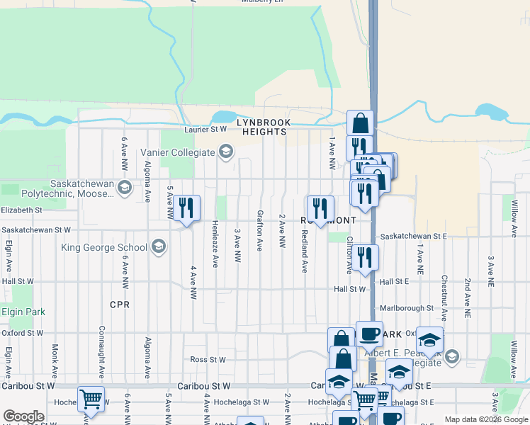 map of restaurants, bars, coffee shops, grocery stores, and more near 1207 Grafton Avenue in Moose Jaw