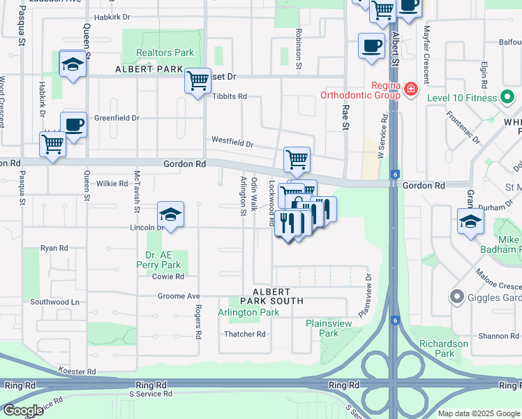 map of restaurants, bars, coffee shops, grocery stores, and more near 2 Lincoln Drive in Regina