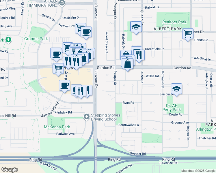 map of restaurants, bars, coffee shops, grocery stores, and more near 4760 Lewvan Estates in Regina