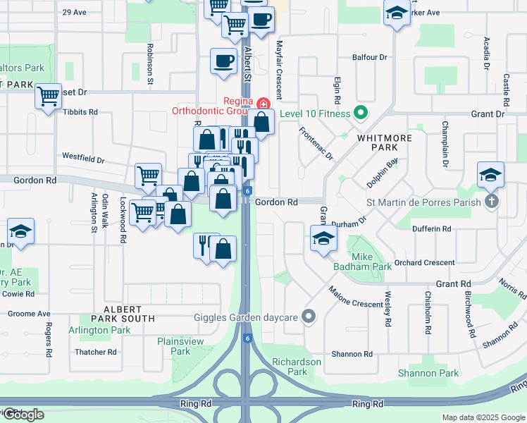 map of restaurants, bars, coffee shops, grocery stores, and more near 4725 Albert Street in Regina