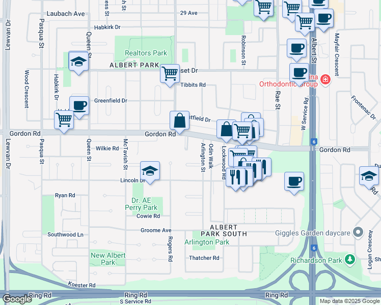 map of restaurants, bars, coffee shops, grocery stores, and more near 19 Heritage Place in Regina