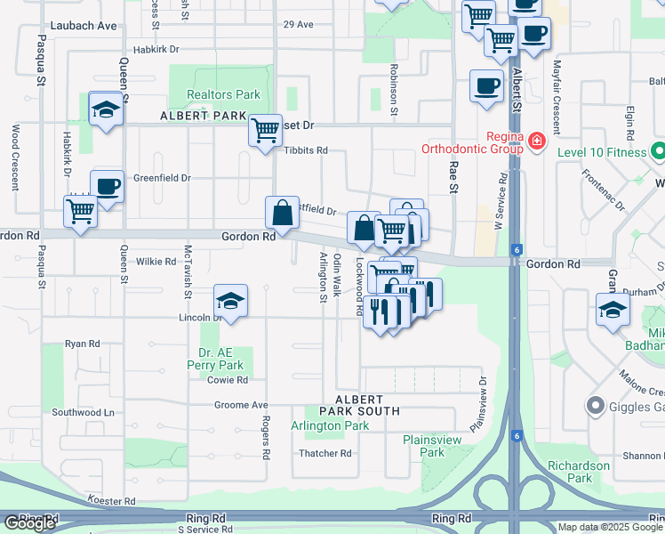 map of restaurants, bars, coffee shops, grocery stores, and more near 19 Odin Walk in Regina