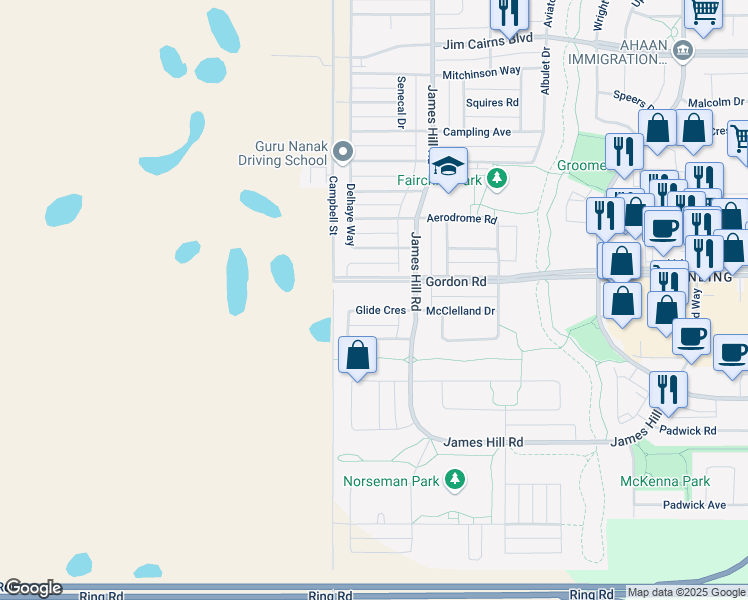 map of restaurants, bars, coffee shops, grocery stores, and more near 5601 Gordon Road in Regina