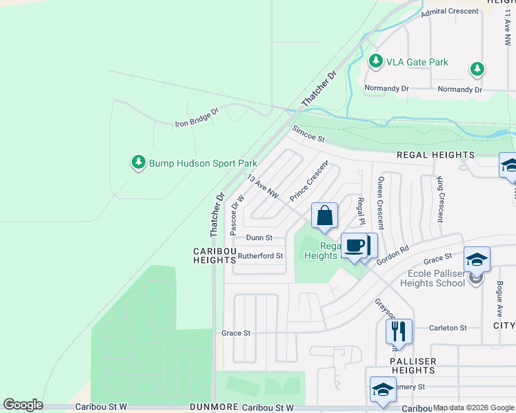 map of restaurants, bars, coffee shops, grocery stores, and more near 1251 Maybery Crescent in Moose Jaw