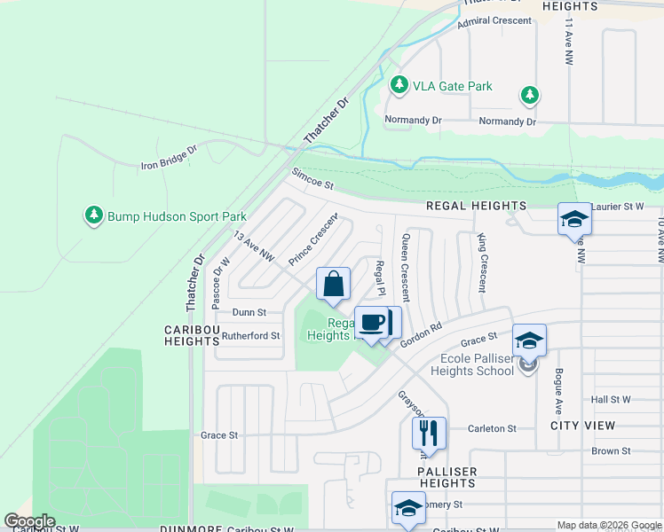 map of restaurants, bars, coffee shops, grocery stores, and more near 1395 Regal Crescent in Moose Jaw