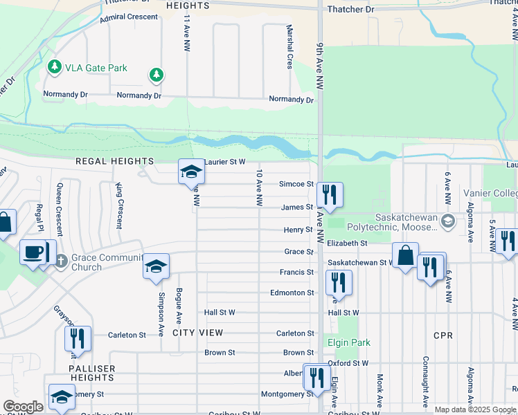 map of restaurants, bars, coffee shops, grocery stores, and more near James Street in Moose Jaw