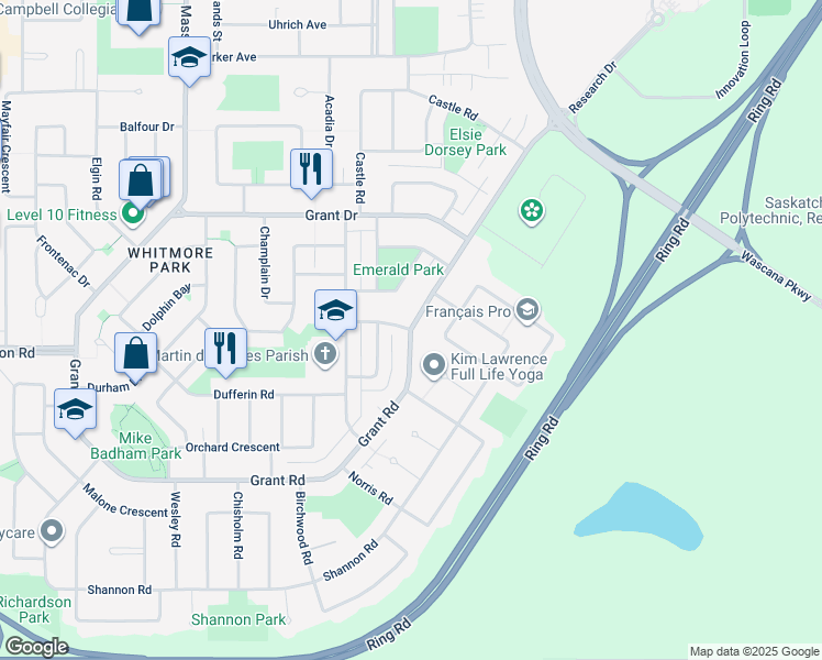 map of restaurants, bars, coffee shops, grocery stores, and more near Grant Road in Regina