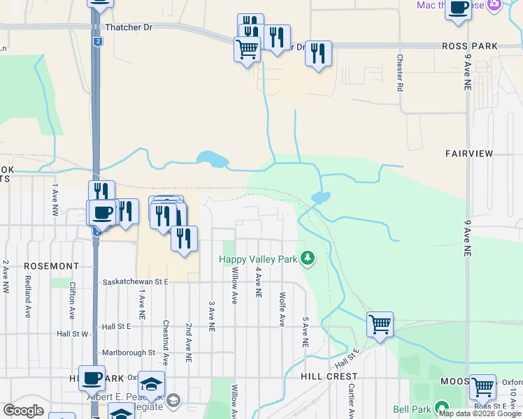 map of restaurants, bars, coffee shops, grocery stores, and more near 312 Oak Street in Moose Jaw