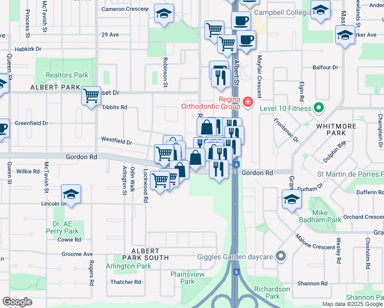 map of restaurants, bars, coffee shops, grocery stores, and more near 62 Westfield Drive in Regina