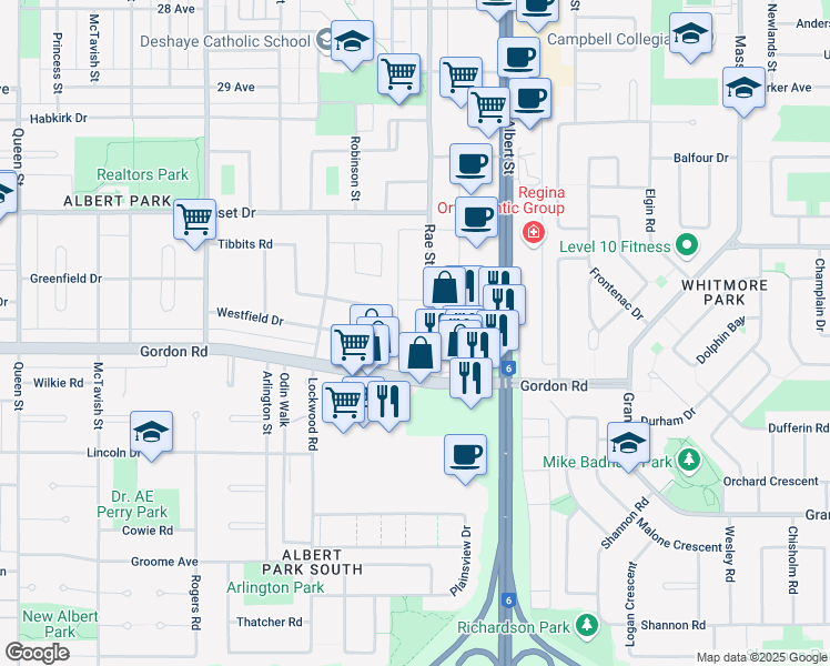 map of restaurants, bars, coffee shops, grocery stores, and more near 62 Westfield Drive in Regina