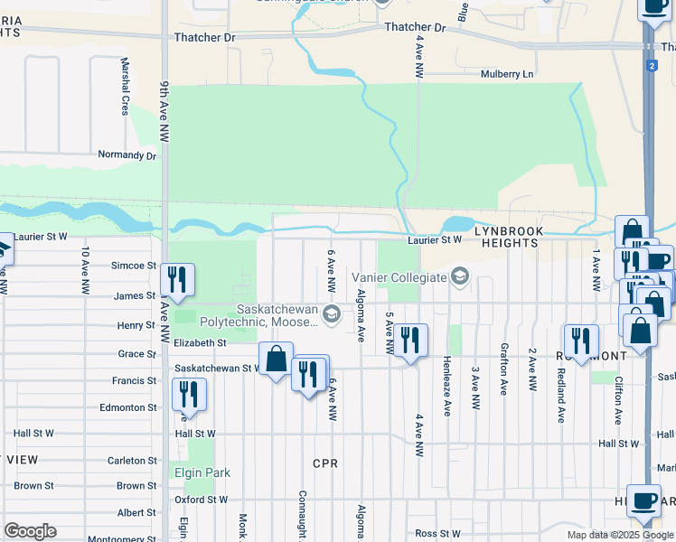 map of restaurants, bars, coffee shops, grocery stores, and more near 1327 6 Avenue Northwest in Moose Jaw
