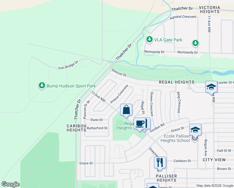 map of restaurants, bars, coffee shops, grocery stores, and more near 1311 Princess Crescent North in Moose Jaw