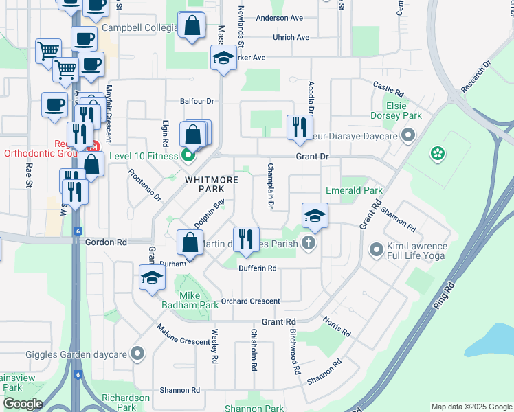map of restaurants, bars, coffee shops, grocery stores, and more near 57 Cardinal Crescent in Regina