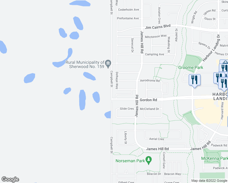 map of restaurants, bars, coffee shops, grocery stores, and more near 5762 Gordon Road in Regina