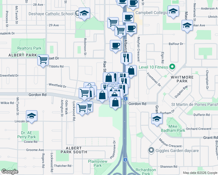 map of restaurants, bars, coffee shops, grocery stores, and more near 4621 Rae Street in Regina