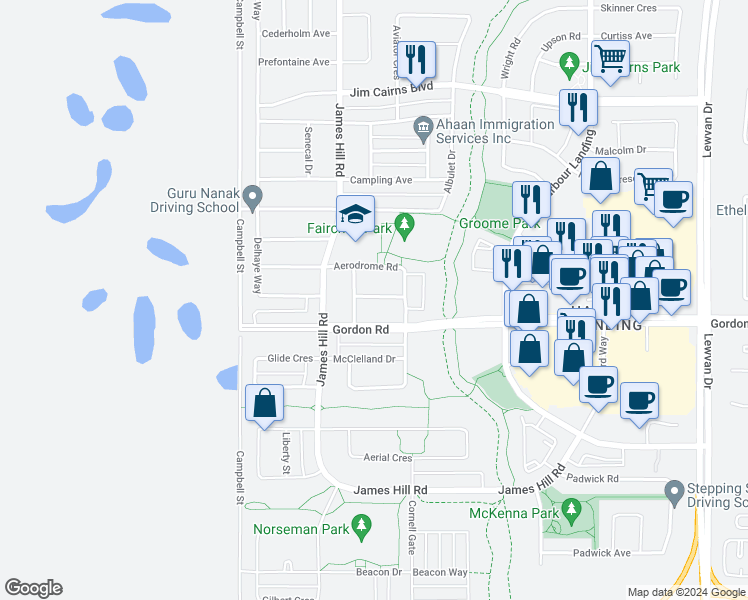 map of restaurants, bars, coffee shops, grocery stores, and more near 5401 Whereatt Road in Regina
