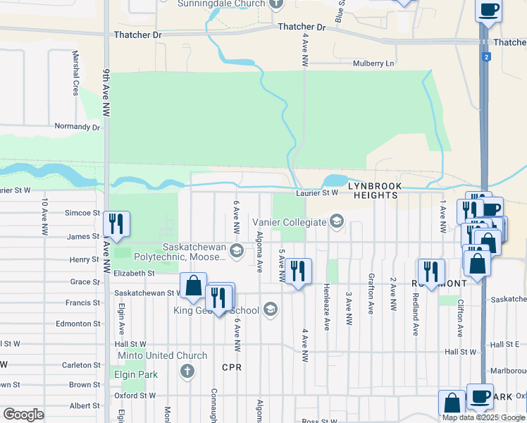 map of restaurants, bars, coffee shops, grocery stores, and more near 1329 Algoma Avenue in Moose Jaw