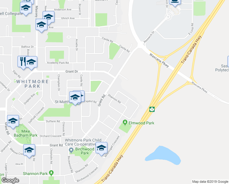 map of restaurants, bars, coffee shops, grocery stores, and more near 54 Deergrove Crescent in Regina