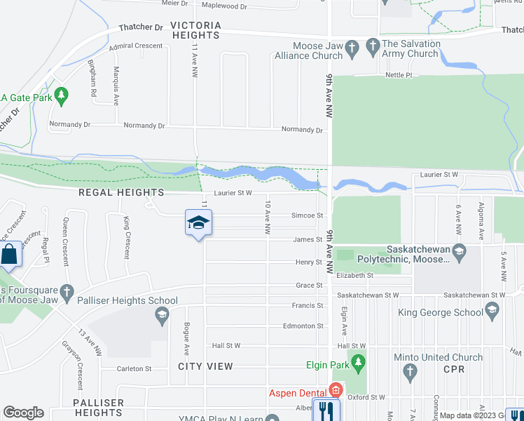 map of restaurants, bars, coffee shops, grocery stores, and more near 1002 Simcoe Street in Moose Jaw